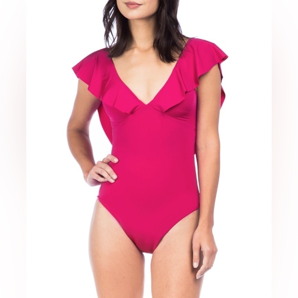 Trina Turk Indo Ruffled Open-back V-neck One Piece Swimsuit Fuchsia 10